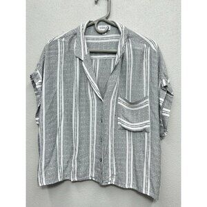 Evereve Button Front Crop Top Shirt Large Grey Stripe Viscose Cap Sleeve